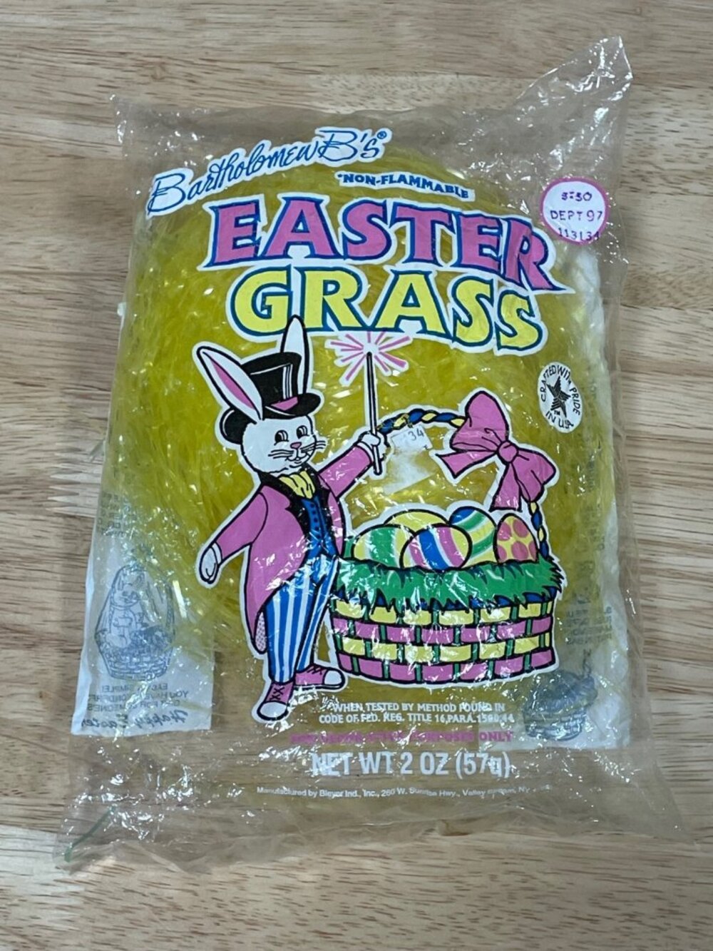 Vintage Bartholomew Bs Easter Grass Cellophane Bunny Rabbit Basket Yellow NEW